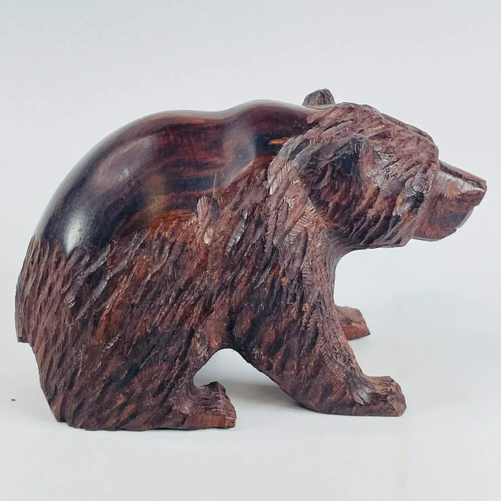 Vintage Hand Carved Ironwood Bear Figurine Rustic Folk Art Animal Sculpture 5